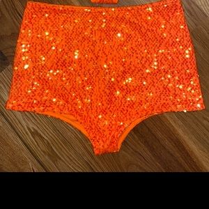 Bright orange sequin booty shorts small NEW